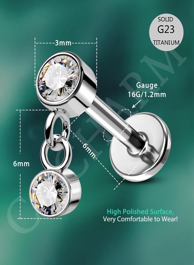 كوتشارم مجوهرات ثقب الأذن COCHARM G23 من التيتانيوم، 16 غرام، حلق غضروفي ملولب، ظهر مسطح، مرصع بالزركون، متدلي، مصنوع من الفولاذ الجراحي، 6 مم، مناسب لأعلى الأذن - Image 3