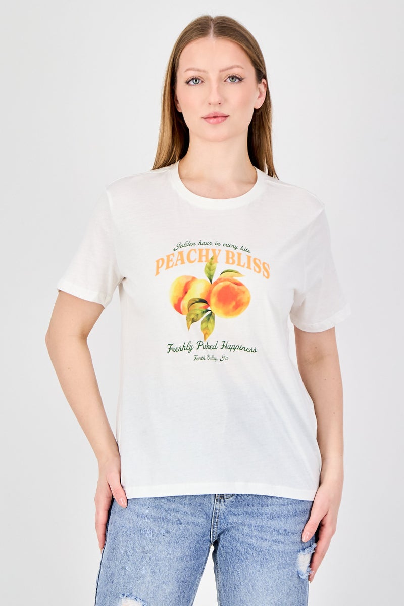 ONLY Women Crew Neck Short Sleeve Graphic Print T-Shirt, Ivory - Image 1