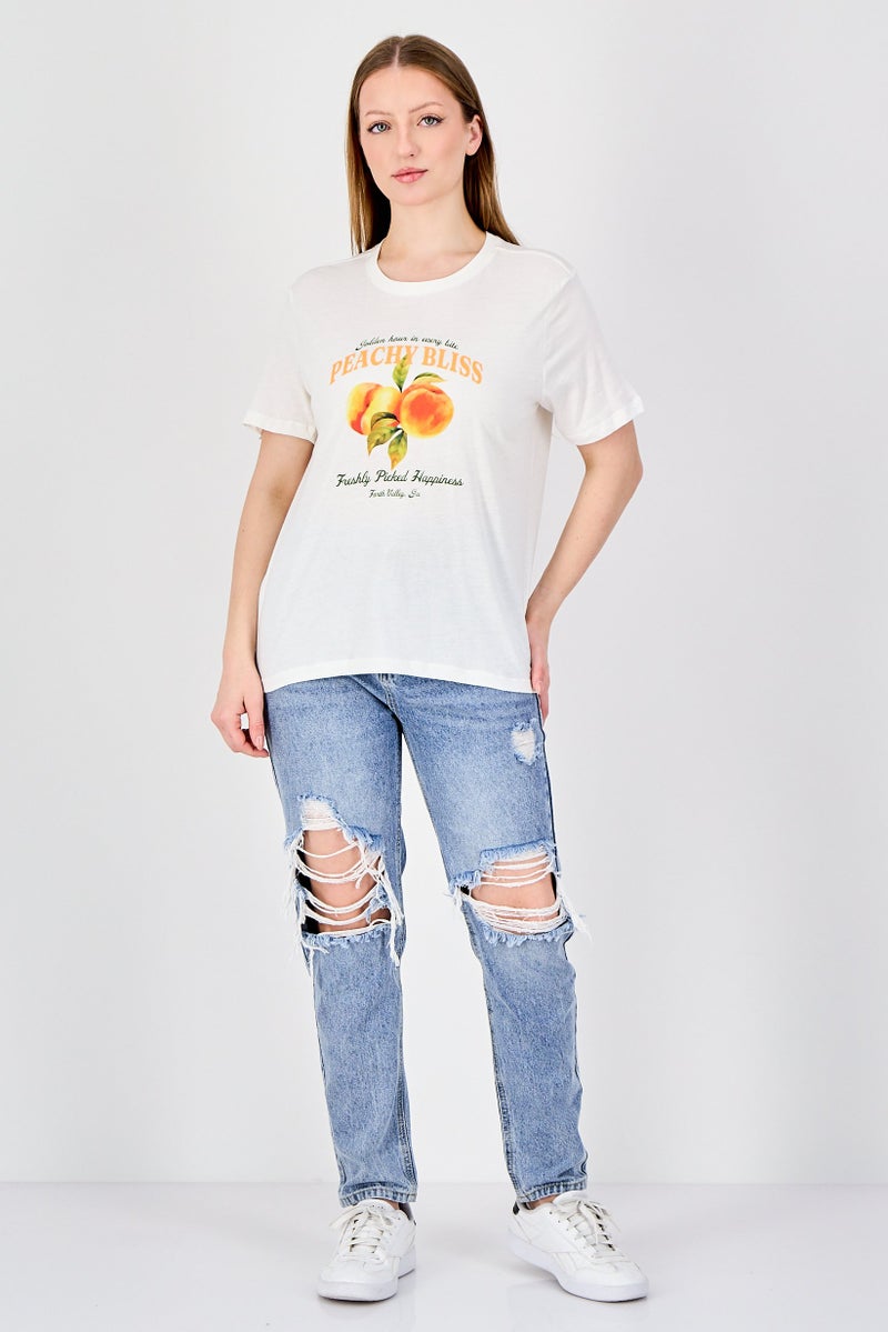 ONLY Women Crew Neck Short Sleeve Graphic Print T-Shirt, Ivory - Image 4
