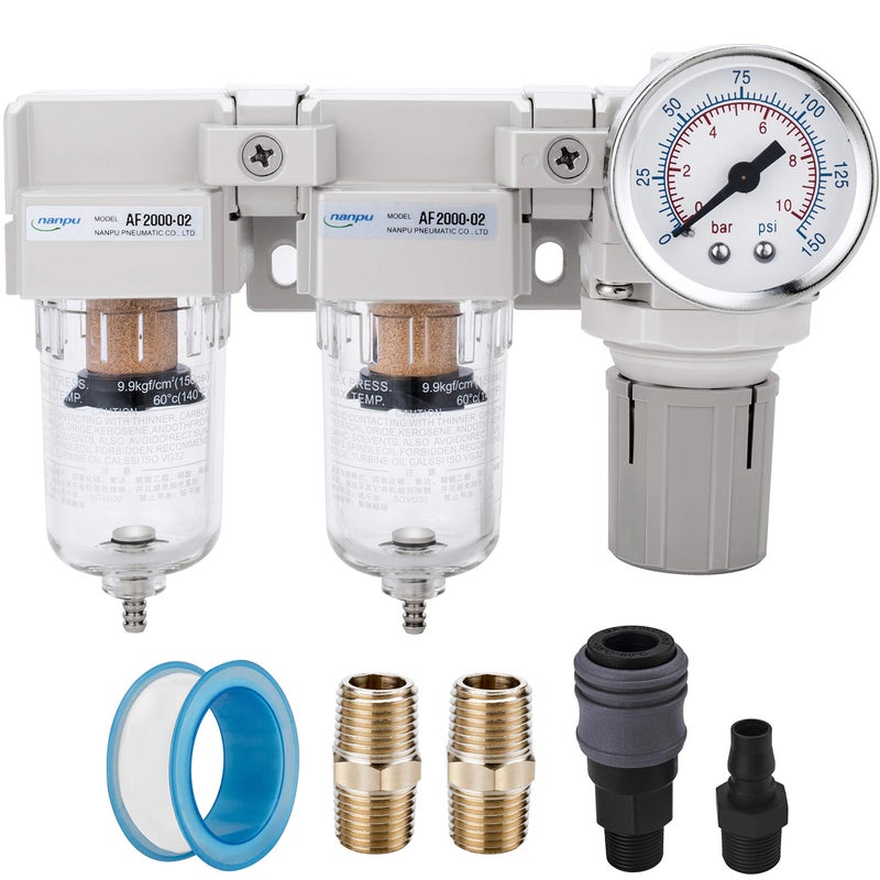 NANPU DFR02 14 NPT Air Drying System Double Air Filters Air Pressure Regulator Combo SemiAuto Drain Poly Bowl