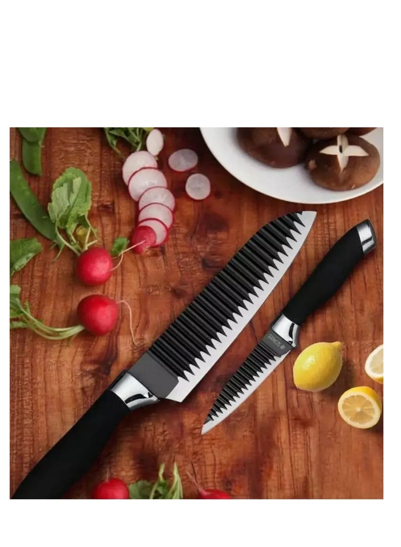 Kitchen Knives Non Stick Lightweight Wavy Knife with Ergonomic Handle Includes Chef Knife, Slice Knife, Fine Slicer, Paring Knife, Vegetable Peeler, Scissors  - Image 2