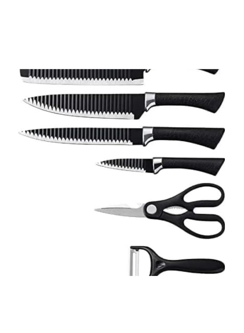 Kitchen Knives Non Stick Lightweight Wavy Knife with Ergonomic Handle Includes Chef Knife, Slice Knife, Fine Slicer, Paring Knife, Vegetable Peeler, Scissors  - Image 3