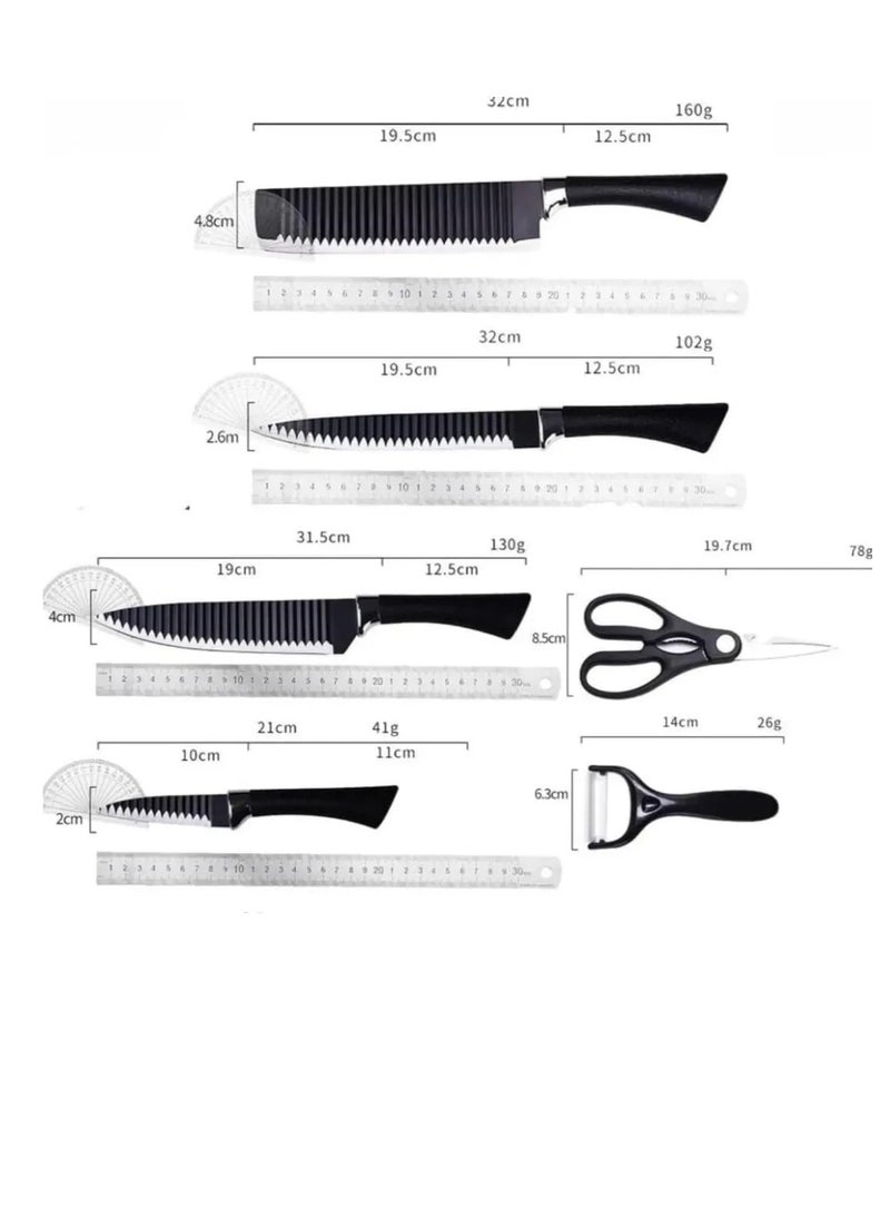 Kitchen Knives Non Stick Lightweight Wavy Knife with Ergonomic Handle Includes Chef Knife, Slice Knife, Fine Slicer, Paring Knife, Vegetable Peeler, Scissors  - Image 4
