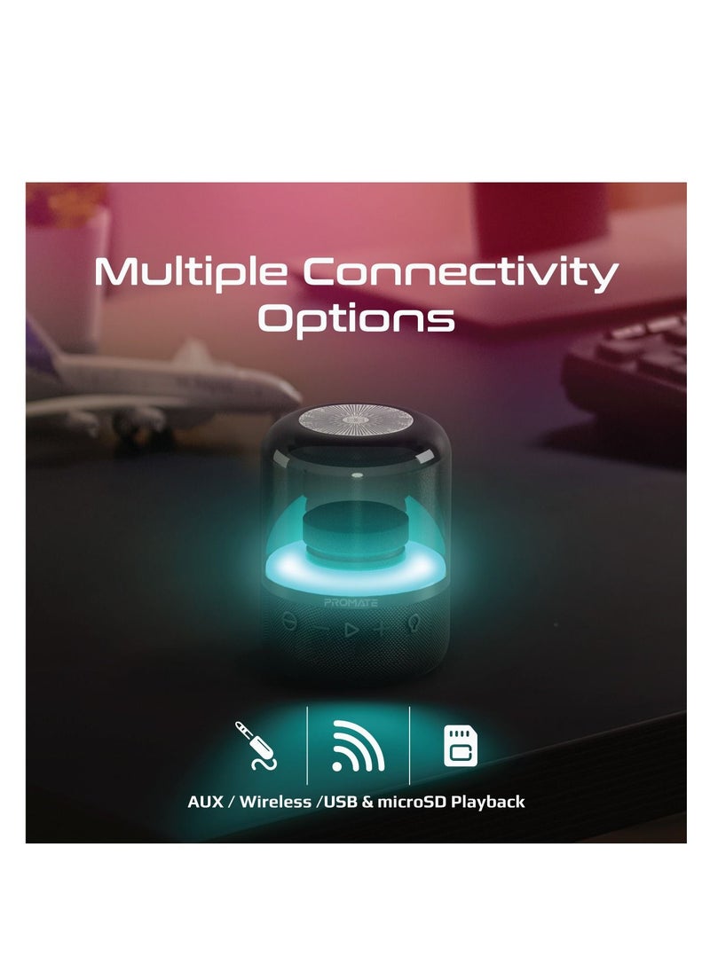 Promate Bluetooth Speaker with TWS, 360 HD Surround Sound, LED Show and Multiple Connectivity Options, Glitz Black