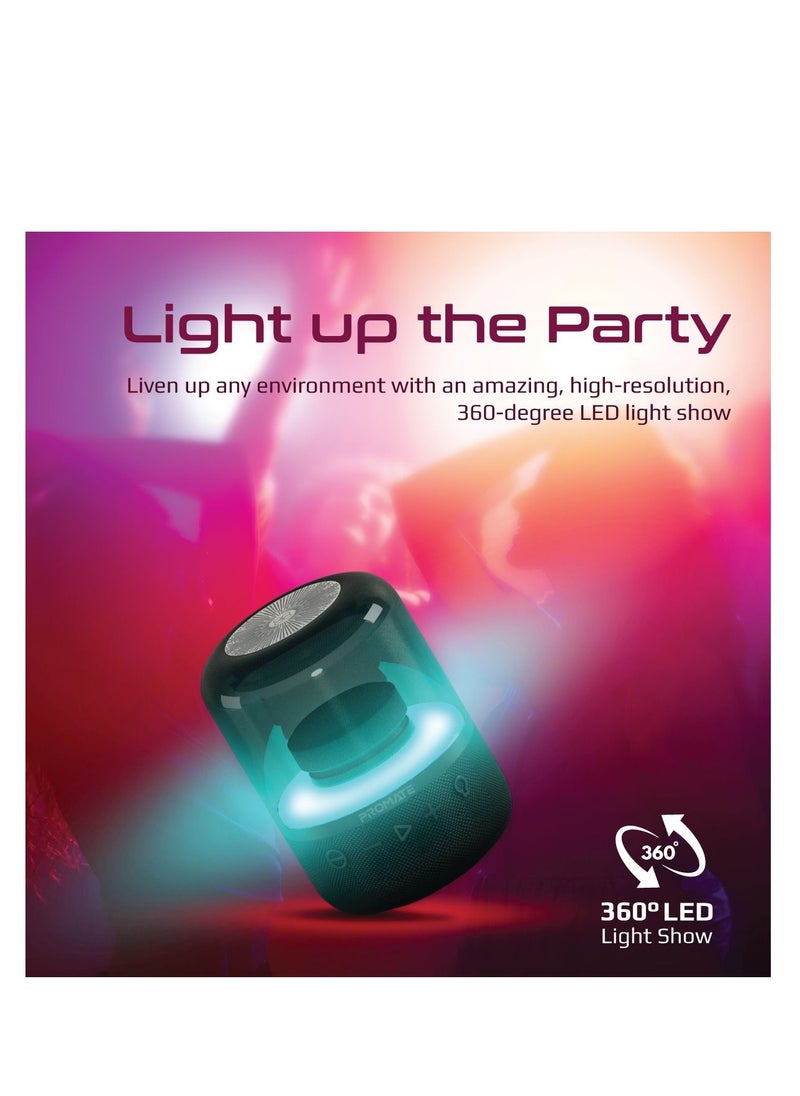 Promate Bluetooth Speaker with TWS, 360 HD Surround Sound, LED Show and Multiple Connectivity Options, Glitz Black