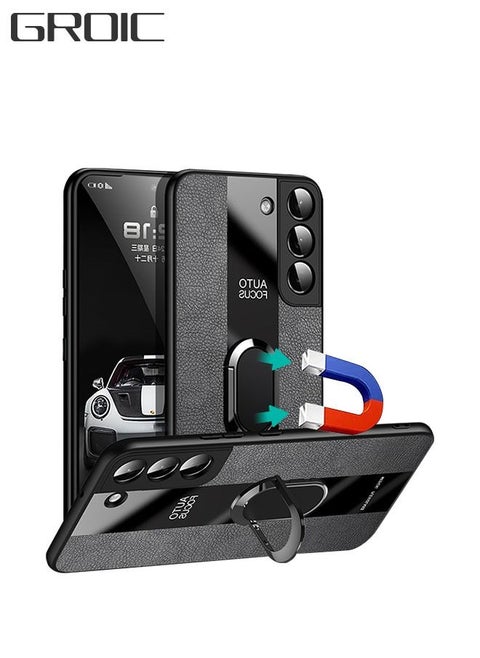 Samsung Galaxy S22 Case 6.1 Inch with Built in Metal Plate on Back Stand Ring[Support Magnetic Car Mount][Kickstand Feature] Magnet Leather Shockproof Phone Case Black
