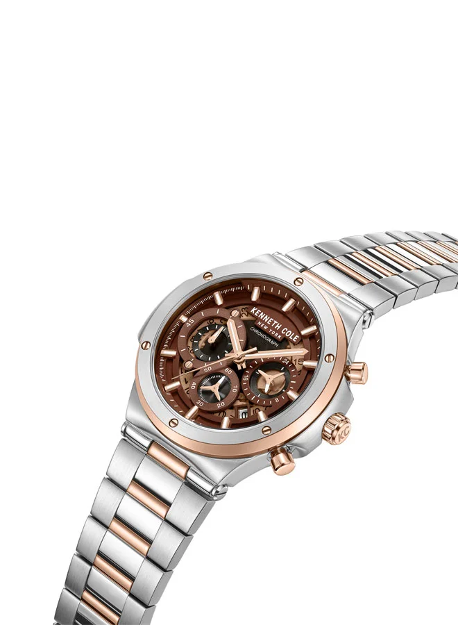 كينيث كول نيو يورك ساعة كرونوغراف رجالية كينيث كول نيويورك بقرص بني وسوار ستانلس ستيل فضي وذهبي وردي