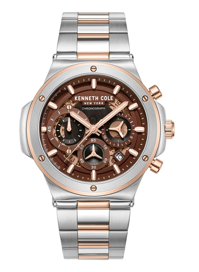 Kenneth Cole New York 45.5mm Chronograph Men's Watch with Brown Dial & Silver, Rose Gold Stainless Steel Bracelet
