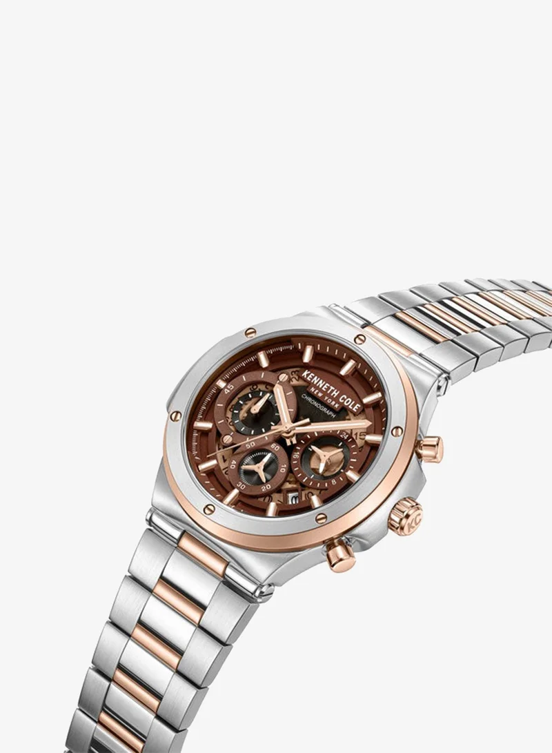 Kenneth Cole New York Kenneth Cole New York 45.5mm Chronograph Men's Watch with Brown Dial & Silver, Rose Gold Stainless Steel Bracelet