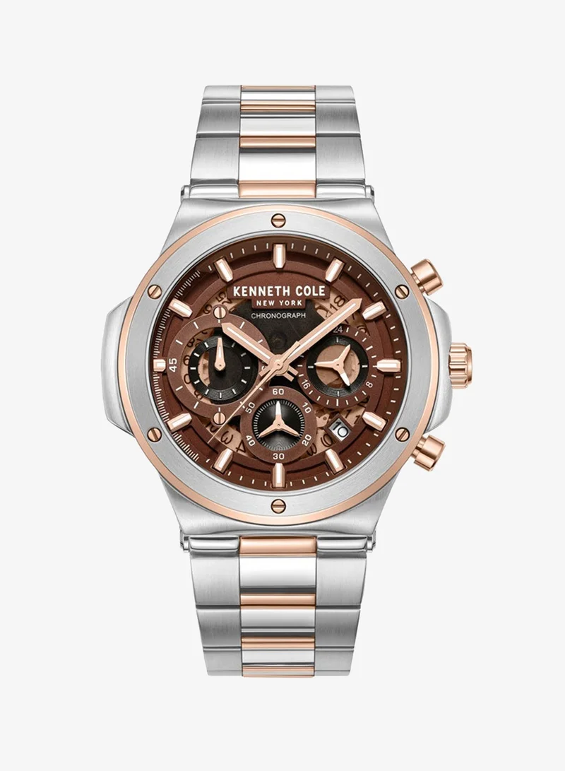 Kenneth Cole New York Kenneth Cole New York 45.5mm Chronograph Men's Watch with Brown Dial & Silver, Rose Gold Stainless Steel Bracelet