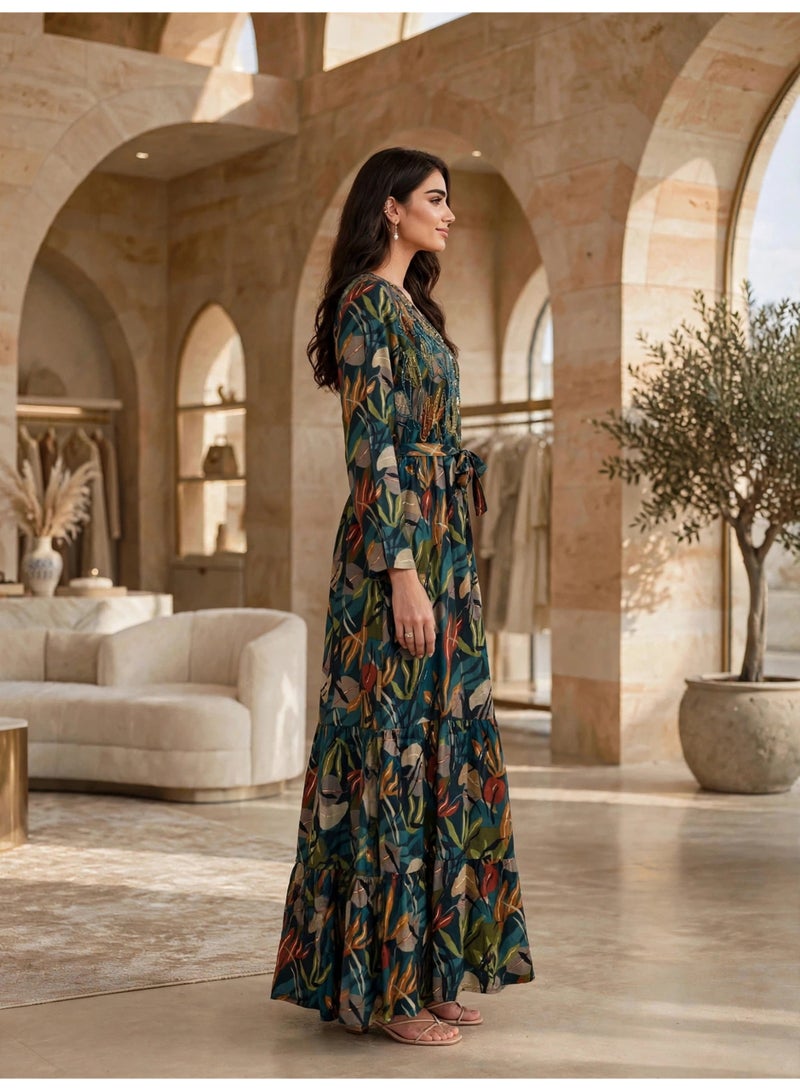 IKKXA Elegant Floral Print Long Sleeve Jalabiya IK23Green - Image 4