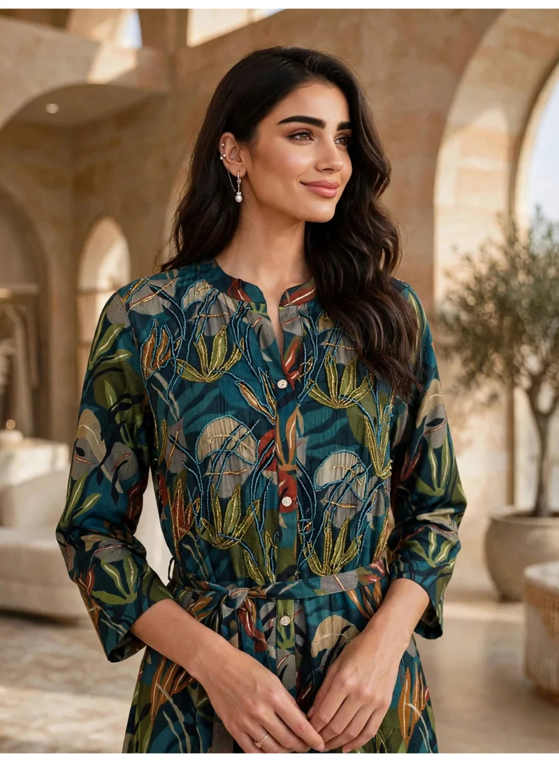 Ikkxa IKKXA Elegant Floral Print Long Sleeve Jalabiya IK23Green