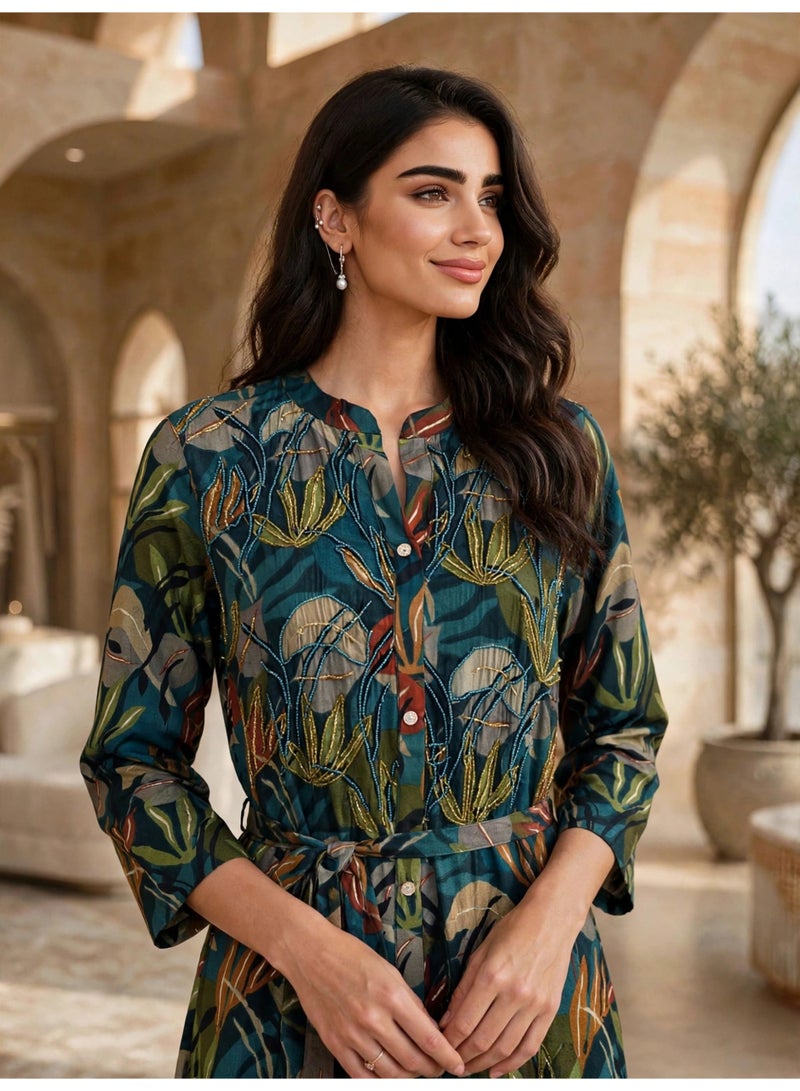 IKKXA Elegant Floral Print Long Sleeve Jalabiya IK23Green - Image 2