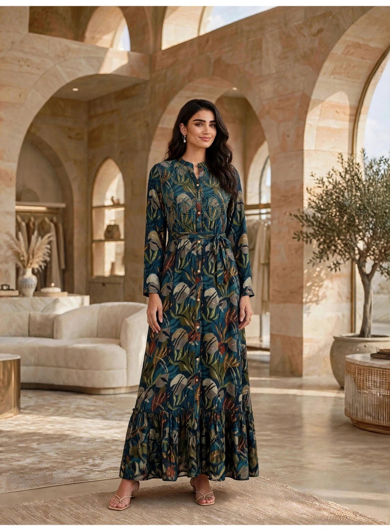 IKKXA Elegant Floral Print Long Sleeve Jalabiya IK23Green - Image 1