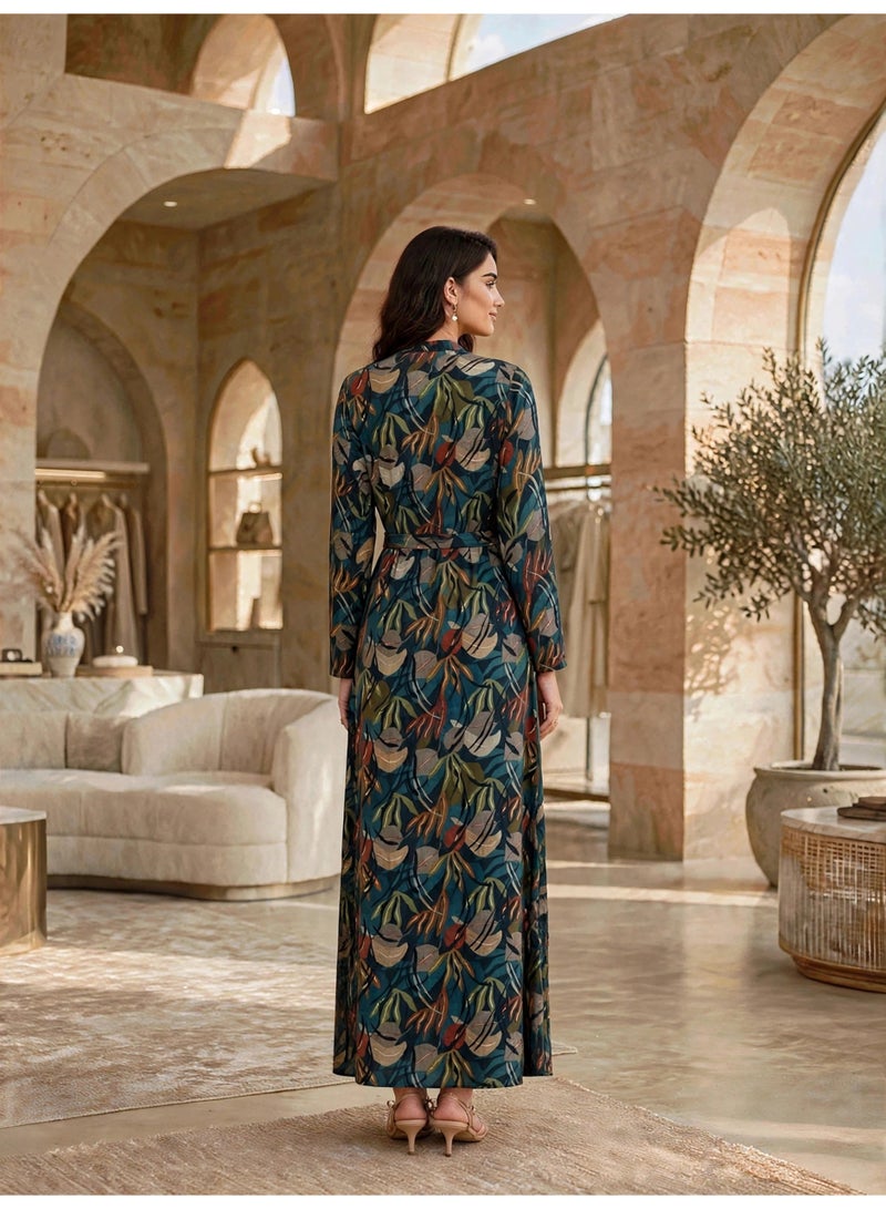 IKKXA Elegant Floral Print Long Sleeve Jalabiya IK23Green - Image 5