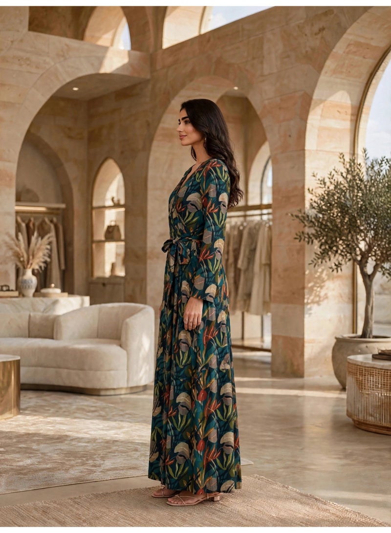 IKKXA Elegant Floral Print Long Sleeve Jalabiya IK23Green - Image 3