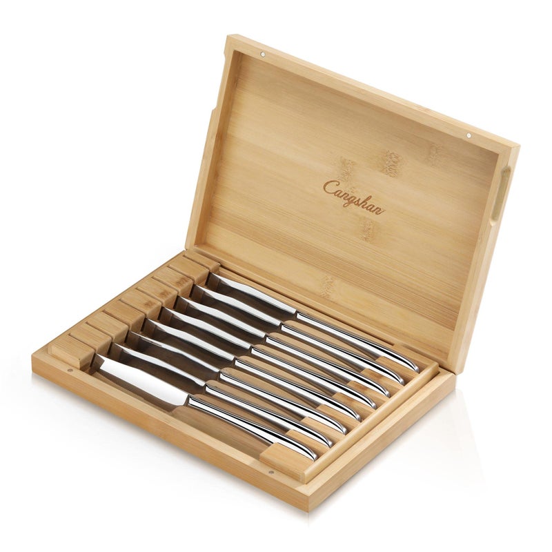 Cangshan 1027044 Rain II Series 8Piece 420 Stainless Steel Forged Steak Knife Set in Bamboo Storage Chest