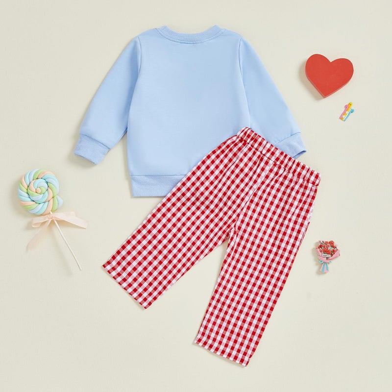 JLKGICF Toddler Boy Valentines Day Outfit Truck Heart Print Sweatshirt Plaid Pants Set Baby Girl Boy Love Clothes (Blue Truck Heart, 18-24 Months) - Image 4