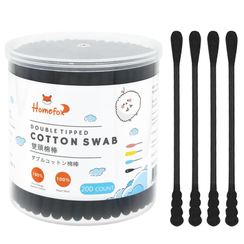HOMEFOX Black Cotton Swabs Spiral  200 Count Organic Cotton Buds Gothic Bathroom Tightly Wrapped Charcoal Cotton Tips Paper Stick Soft Gentle CrueltyFree LintFree Round  Spiral Black
