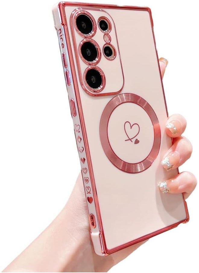 erorex Samsung Galaxy S24 Ultra Case Compatible With Mag Safe For Women Heart Support Wireless Charging Electroplated Camera Lens Protection Cover Case For Samsung S24 Ultra Pink Ss2405  - Image 1