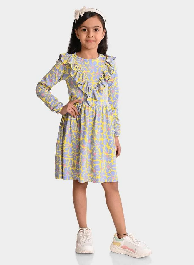 Bonkids Girl's Yellow & Multicolour 100% Cotton Printed Regular Fit Dress