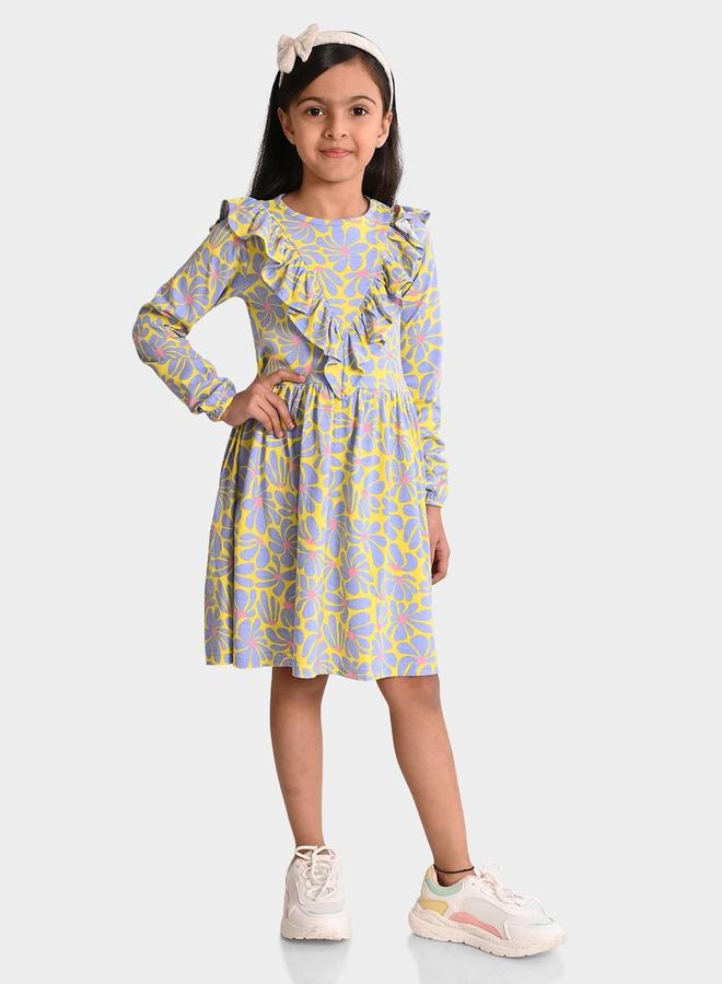 Bonkids Girl's Yellow & Multicolour 100% Cotton Printed Regular Fit Dress - Image 1