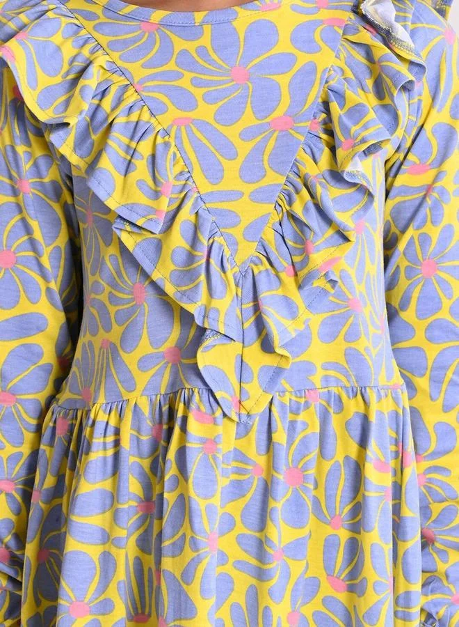 Bonkids Girl's Yellow & Multicolour 100% Cotton Printed Regular Fit Dress