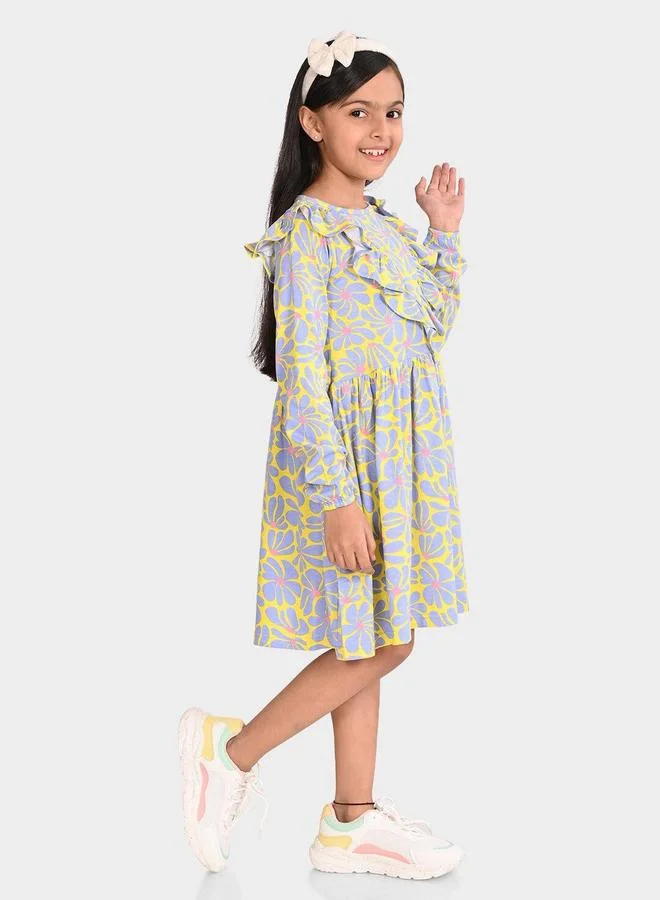 Bonkids Girl's Yellow & Multicolour 100% Cotton Printed Regular Fit Dress