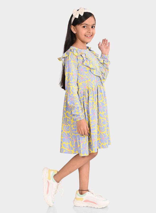 Bonkids Girl's Yellow & Multicolour 100% Cotton Printed Regular Fit Dress - Image 3