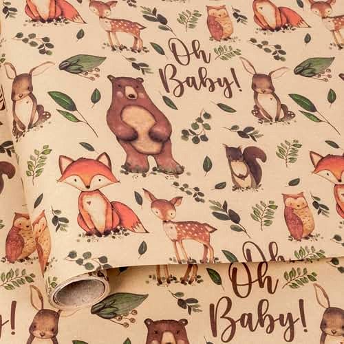 Vnaaem Baby Shower Kraft Wrapping Paper Roll for Kids Boys Girls - Cute Woodland Animals & "Oh BaBy" Baby Gift Wrap for Birthday, Holiday, Baby Shower, Summer Party Favor - 17 in x 20 ft(Total 28.5sq.ft) - Image 1