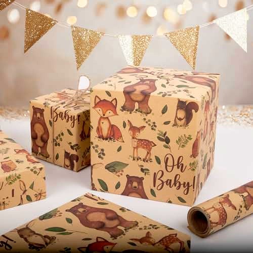 Vnaaem Baby Shower Kraft Wrapping Paper Roll for Kids Boys Girls - Cute Woodland Animals & "Oh BaBy" Baby Gift Wrap for Birthday, Holiday, Baby Shower, Summer Party Favor - 17 in x 20 ft(Total 28.5sq.ft) - Image 2