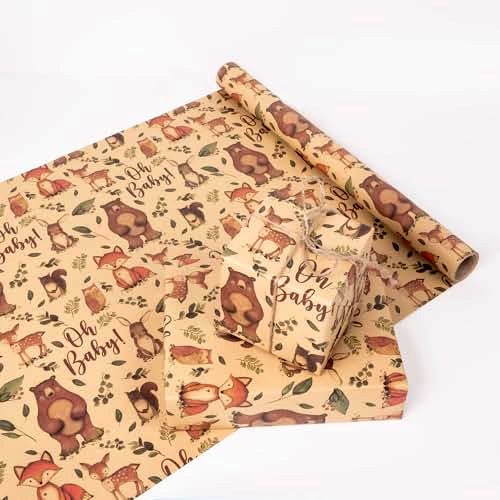 Vnaaem Baby Shower Kraft Wrapping Paper Roll for Kids Boys Girls - Cute Woodland Animals & "Oh BaBy" Baby Gift Wrap for Birthday, Holiday, Baby Shower, Summer Party Favor - 17 in x 20 ft(Total 28.5sq.ft) - Image 3