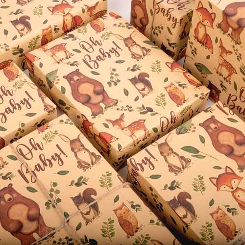 Vnaaem Baby Shower Kraft Wrapping Paper Roll for Kids Boys Girls - Cute Woodland Animals & "Oh BaBy" Baby Gift Wrap for Birthday, Holiday, Baby Shower, Summer Party Favor - 17 in x 20 ft(Total 28.5sq.ft) - Image 5