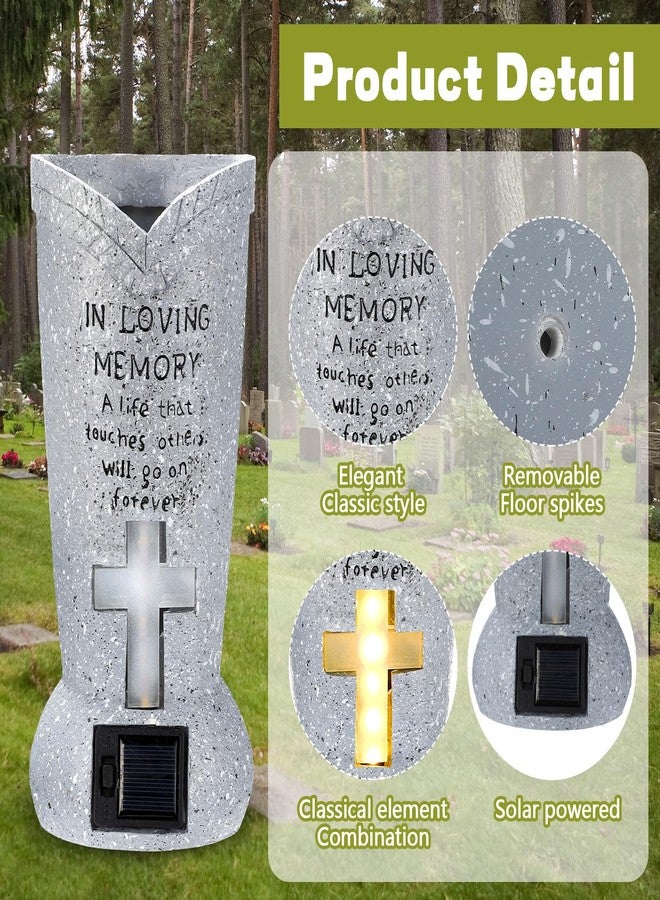 DoubleFill مزهرية قبر تعمل بالطاقة الشمسية من دبل فيل، قطعتان، مزودة بإضاءة LED للزهور الاصطناعية الطازجة، مزهريات شواهد القبور مع مسامير، زينة للقبور، هدايا تذكارية لفقدان عزيز (أسطوانية) - Image 5