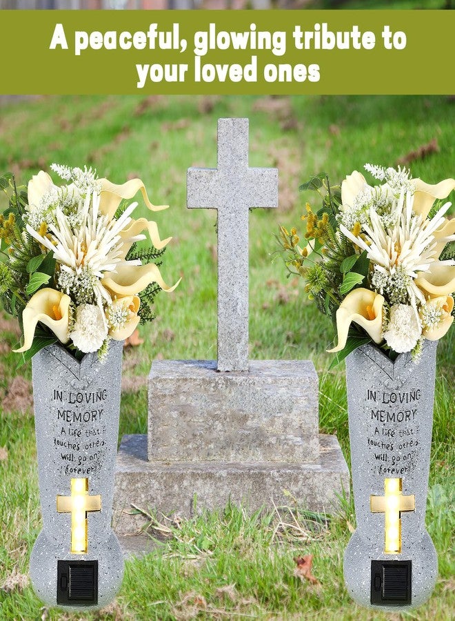 DoubleFill مزهرية قبر تعمل بالطاقة الشمسية من دبل فيل، قطعتان، مزودة بإضاءة LED للزهور الاصطناعية الطازجة، مزهريات شواهد القبور مع مسامير، زينة للقبور، هدايا تذكارية لفقدان عزيز (أسطوانية) - Image 4