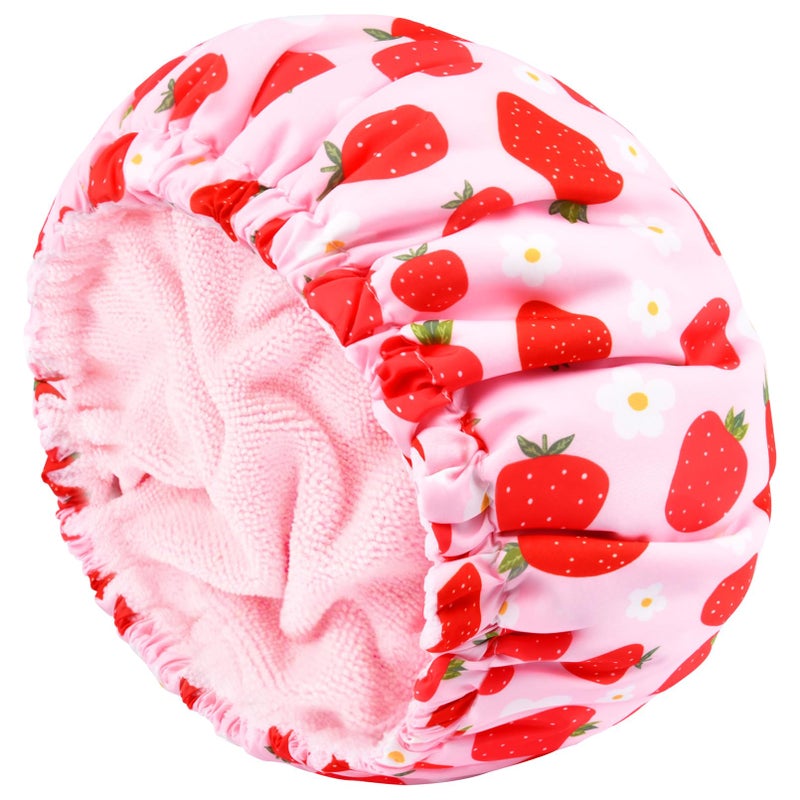 Aileam Shower Cap for Women Terry Lined Bath Cap Large Reusable Waterproof Elastic Band Pink Strawberry Shower Caps for Long Thick Hair Soft Bath Shower Hair Caps - Image 1