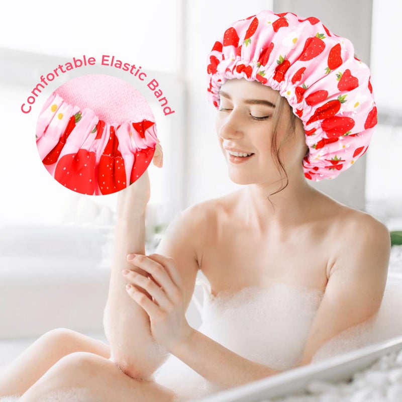 Aileam Shower Cap for Women Terry Lined Bath Cap Large Reusable Waterproof Elastic Band Pink Strawberry Shower Caps for Long Thick Hair Soft Bath Shower Hair Caps - Image 4