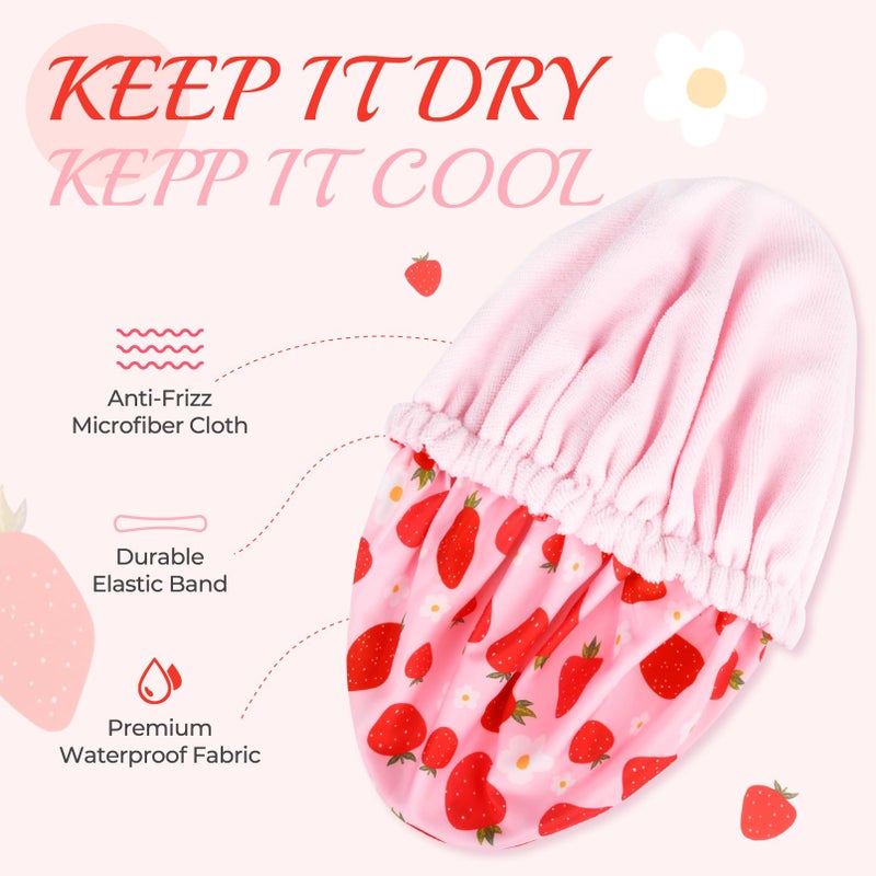 Aileam Shower Cap for Women Terry Lined Bath Cap Large Reusable Waterproof Elastic Band Pink Strawberry Shower Caps for Long Thick Hair Soft Bath Shower Hair Caps - Image 2