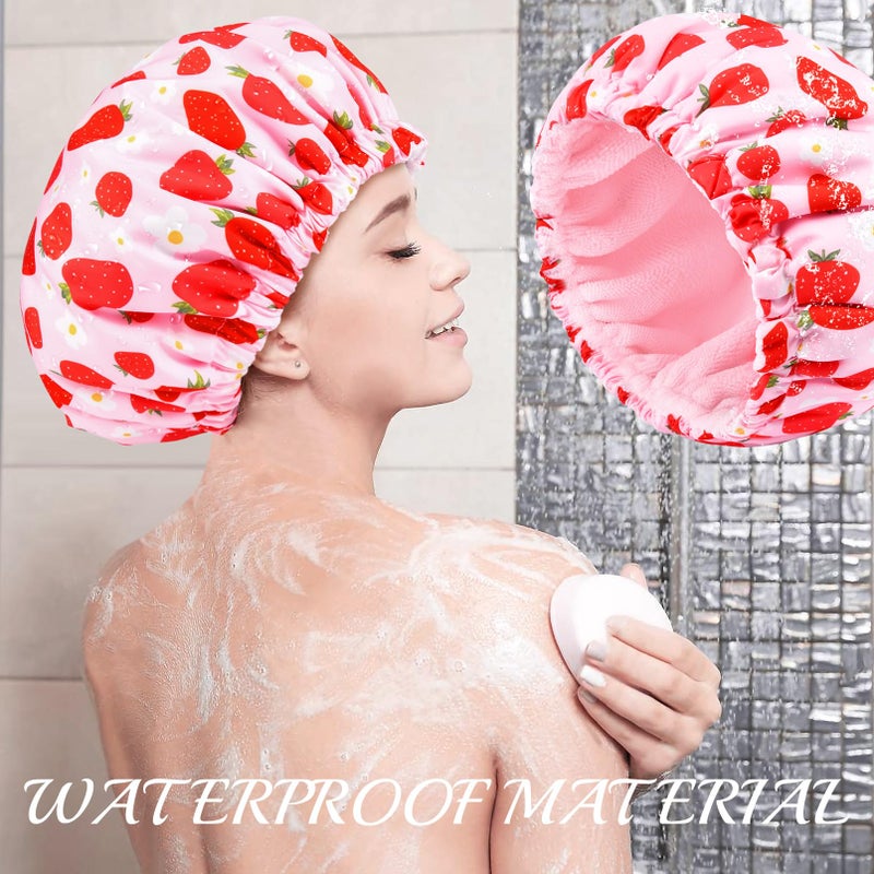 Aileam Shower Cap for Women Terry Lined Bath Cap Large Reusable Waterproof Elastic Band Pink Strawberry Shower Caps for Long Thick Hair Soft Bath Shower Hair Caps - Image 3