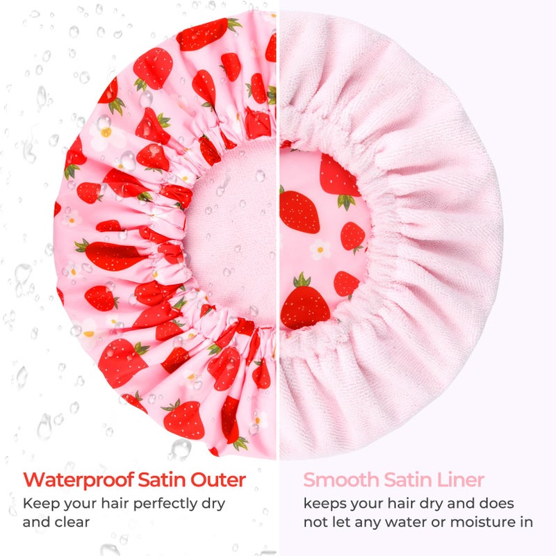 Aileam Shower Cap for Women Terry Lined Bath Cap Large Reusable Waterproof Elastic Band Pink Strawberry Shower Caps for Long Thick Hair Soft Bath Shower Hair Caps - Image 5