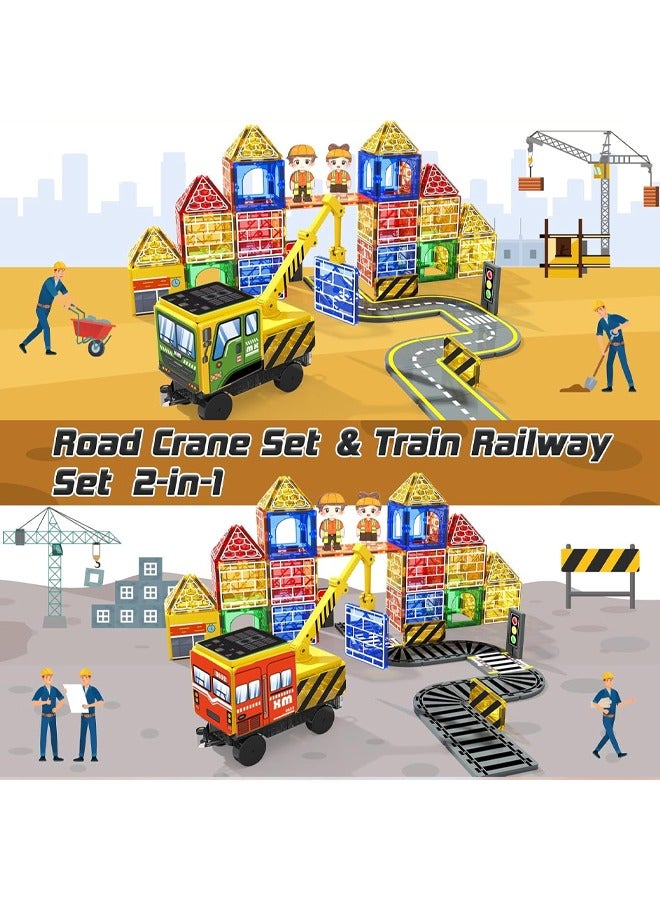 Loquat Magnetic Tiles Road Set with 2 Cranes  Double-Sided Magnet Tiles,Boys Toys for Ages 3-5 5-7 8-12,STEM Magnetic Building Construction Toys Include Car,Stations,Dolls,Roads,Signs,Gifts for 3+ Kids - Image 5