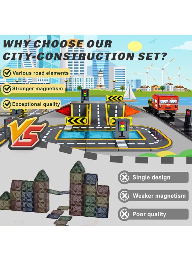 Loquat Magnetic Tiles Road Set with 2 Cranes  Double-Sided Magnet Tiles,Boys Toys for Ages 3-5 5-7 8-12,STEM Magnetic Building Construction Toys Include Car,Stations,Dolls,Roads,Signs,Gifts for 3+ Kids - Image 2