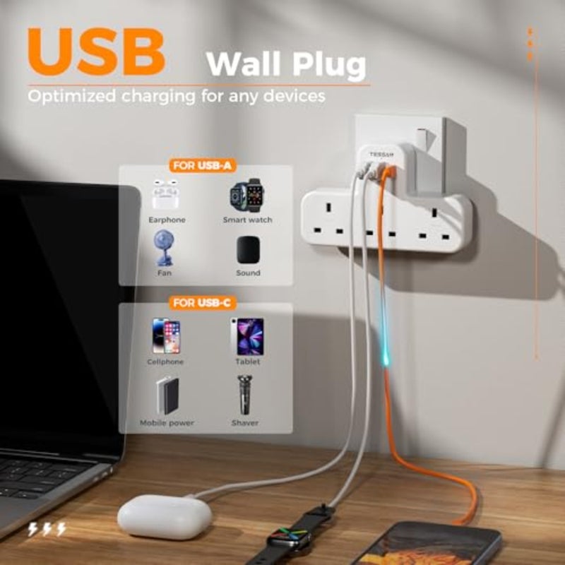 3 Way Multi Plug Extension Socket with 3 USB Ports 1 USB-C For Home Office Travel Use 250V 10A Flame-Retardant ABS Housing 1.8m Cable Compact Design - Image 3