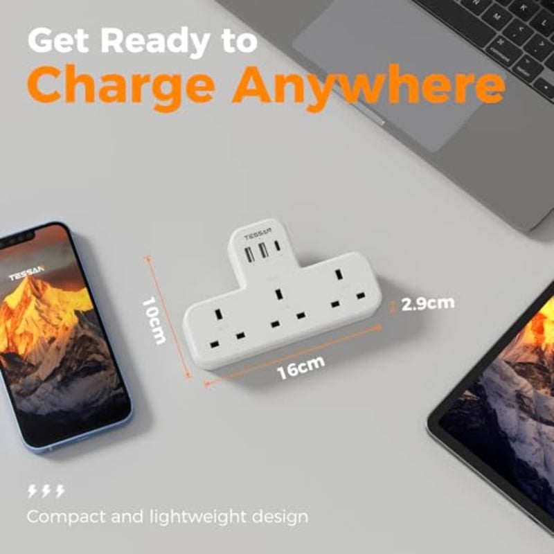 3 Way Multi Plug Extension Socket with 3 USB Ports 1 USB-C For Home Office Travel Use 250V 10A Flame-Retardant ABS Housing 1.8m Cable Compact Design - Image 5