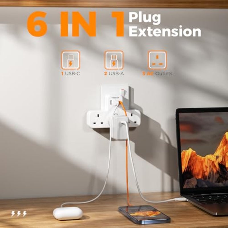 3 Way Multi Plug Extension Socket with 3 USB Ports 1 USB-C For Home Office Travel Use 250V 10A Flame-Retardant ABS Housing 1.8m Cable Compact Design - Image 2