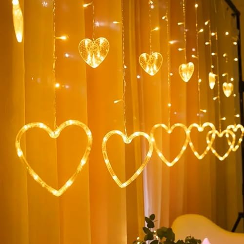 KHIZAR 6+6 Heart LED Curtain Lights for Room Decoration – Romantic Hanging LED Hearts for Wall, Window, Wedding, Bedroom, Party Decor (Warm White) - Image 1