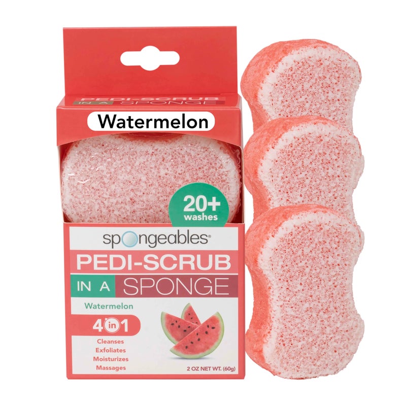 Spongables Pedi Scrub Foot Exfoliating 20+ Wash Sponge, Watermelon, 3 Count