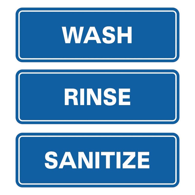 All Quality Standard WASH RINSE SANITIZE Set of 3 Bay Sink Signs - Restaurant & Commercial Kitchen Sink Signs - Easy to Install - Blue (Medium) - Image 1