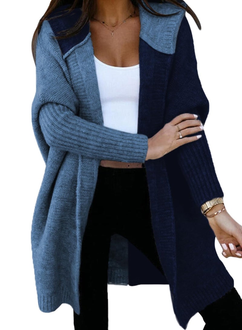 Astylish Womens Oversized Knit Cardigan Sweaters Fall Fashion Loose Color Block Batwing Sleeves Coat Navy Blue Medium - Image 1