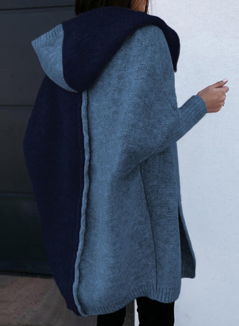 Astylish Womens Oversized Knit Cardigan Sweaters Fall Fashion Loose Color Block Batwing Sleeves Coat Navy Blue Medium - Image 3